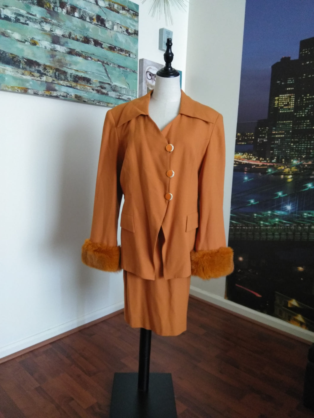 Vintage Fur Cuff Skirt Suit (H86)